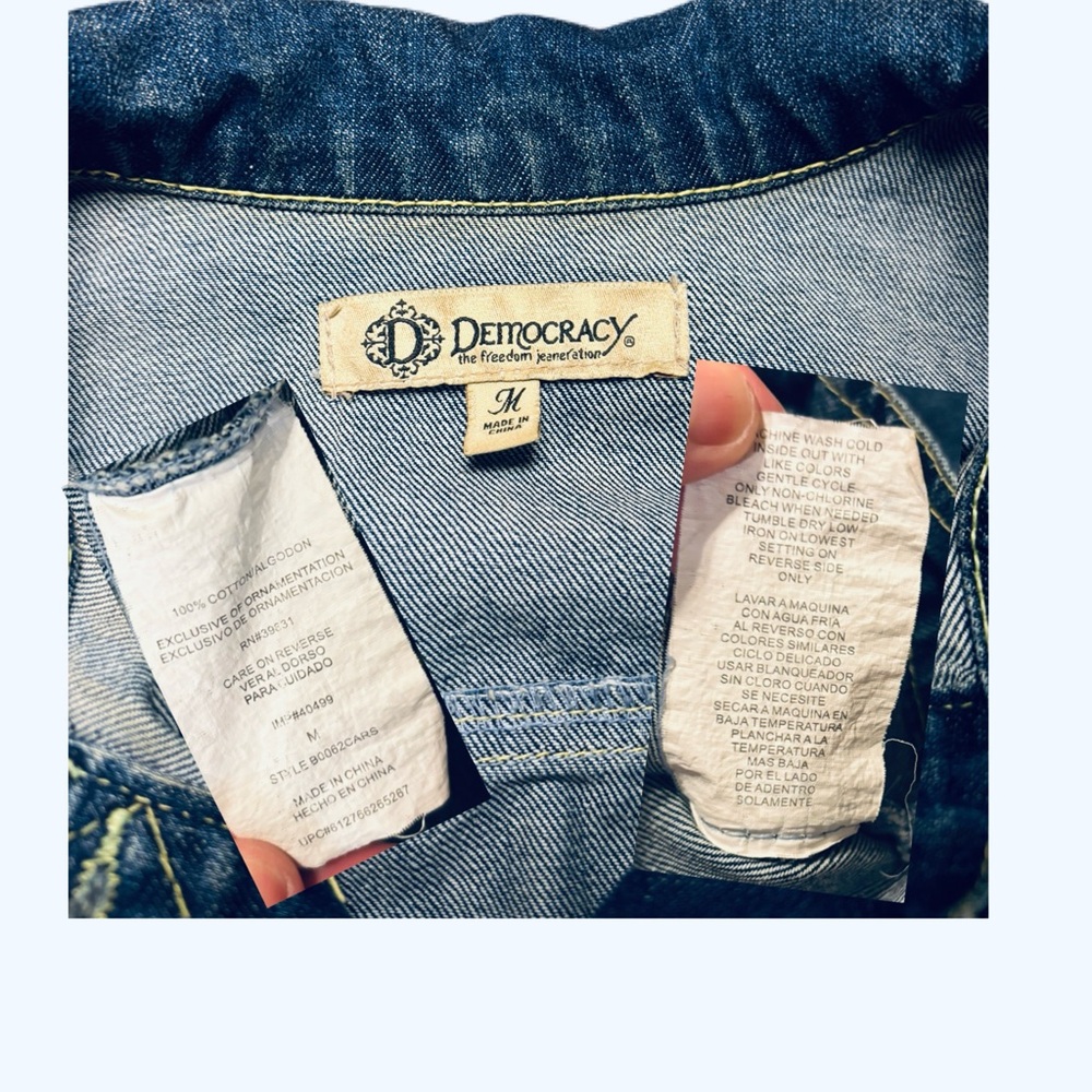 Democracy Distressed Denim Jacket with Yellow Stitching and Bronze hardware EUC - Picture 9 of 11